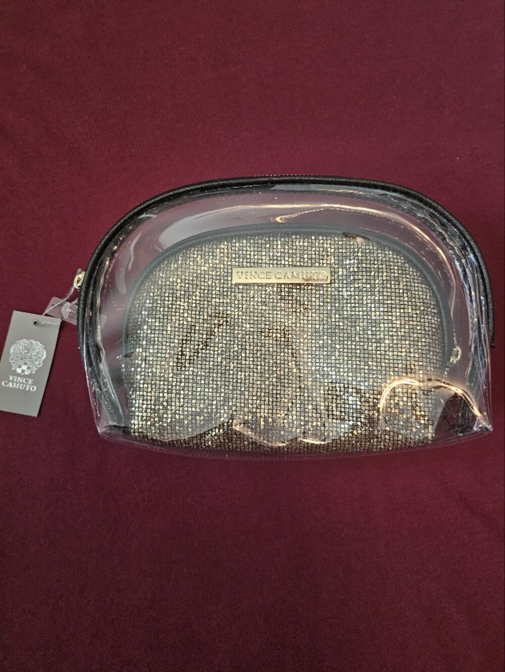 Vince Camuto Double Cosmetic Pouch Bags with Outer Clear and Gold Glitter Insert